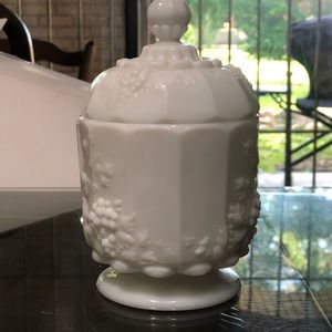 Ornate Milk Glass Grape Cluster Detail Candy Jar